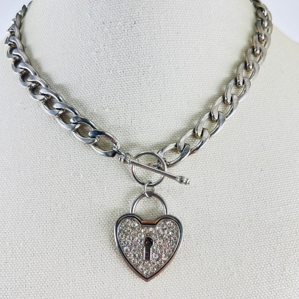 Y2K Glam Rhinestone Heart Lock Chunky Chain Necklace Silver Tone Toggle Clasp